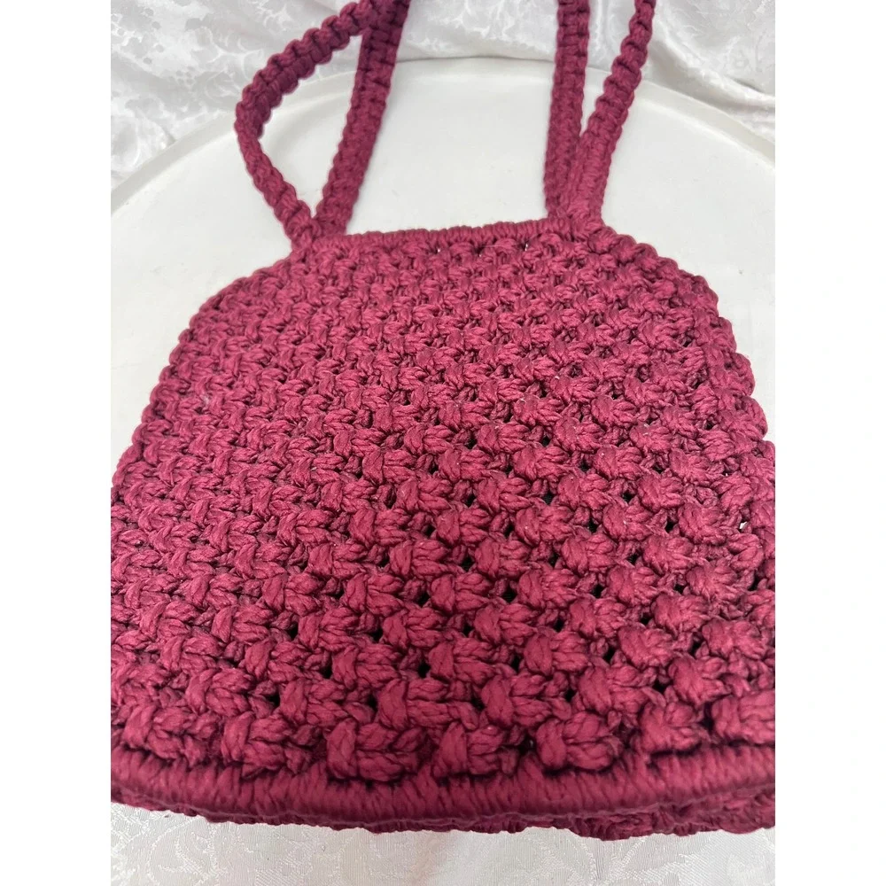 Handmade Burgundy Macrame Tote Bag Boho Lined Shoulder Bag with Pockets Wine